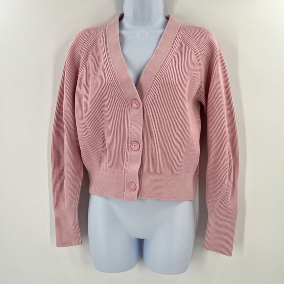 COS XS Pink Ribbed Cotton Cardigan Sweater Crop V-Neck Knit Minimalist - Picture 1 of 14